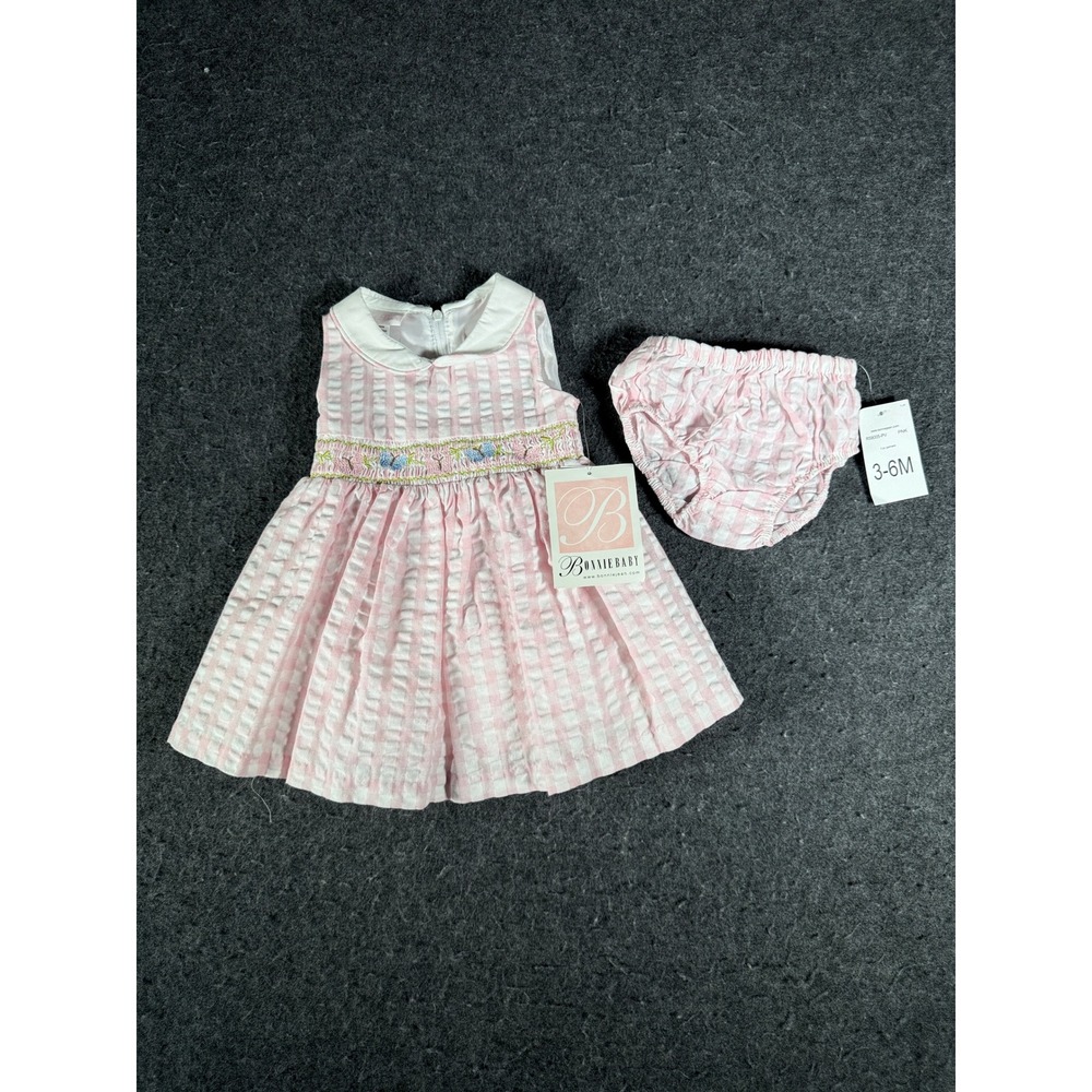 Bonnie Baby Pink Gingham Seersucker Smocked Dress & Diaper Cover Set 3-6M
